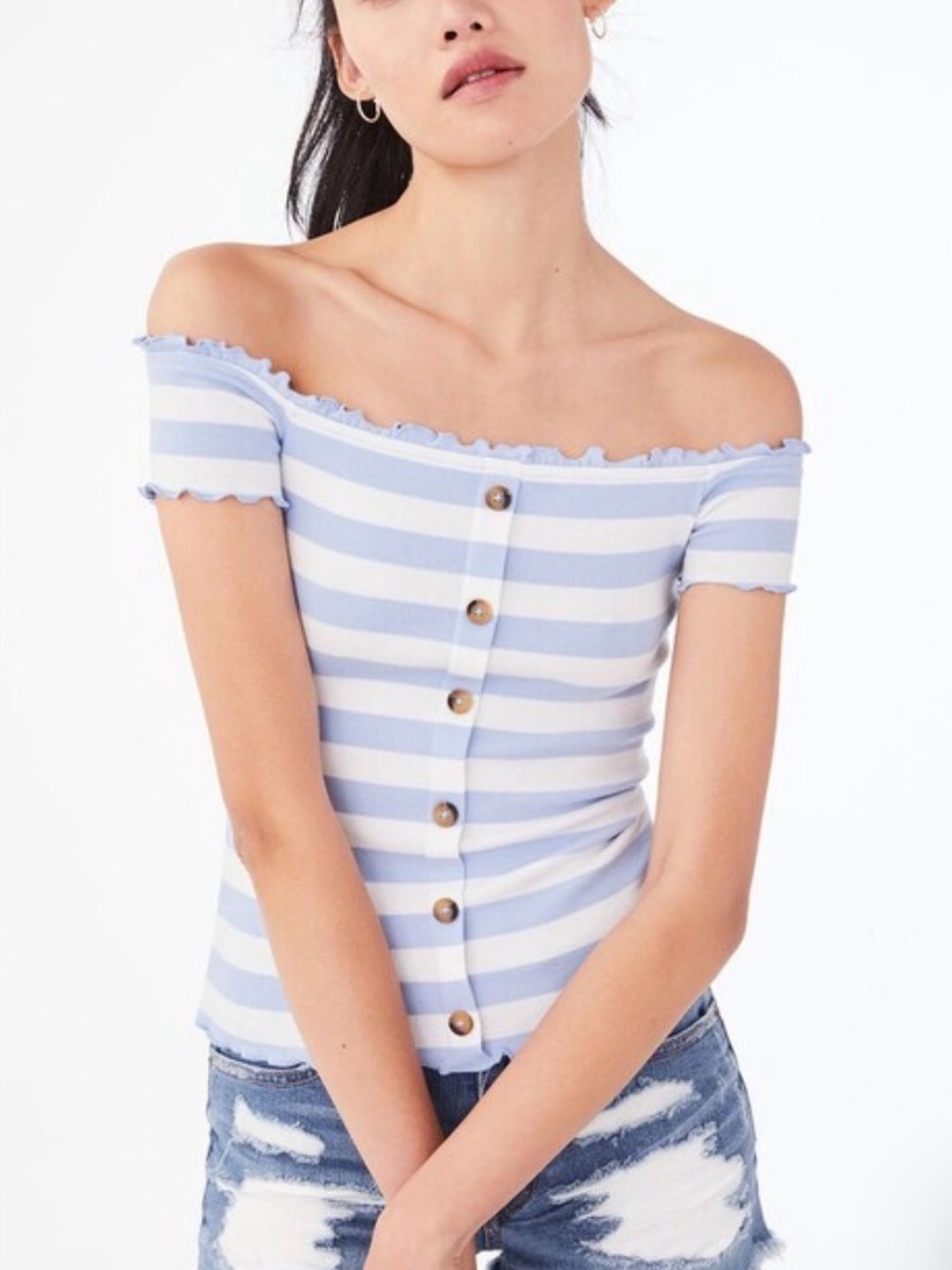 Aeropostale Seriously Soft Bar Stripe Buttoned Off-The-Shoulder Top Size Large